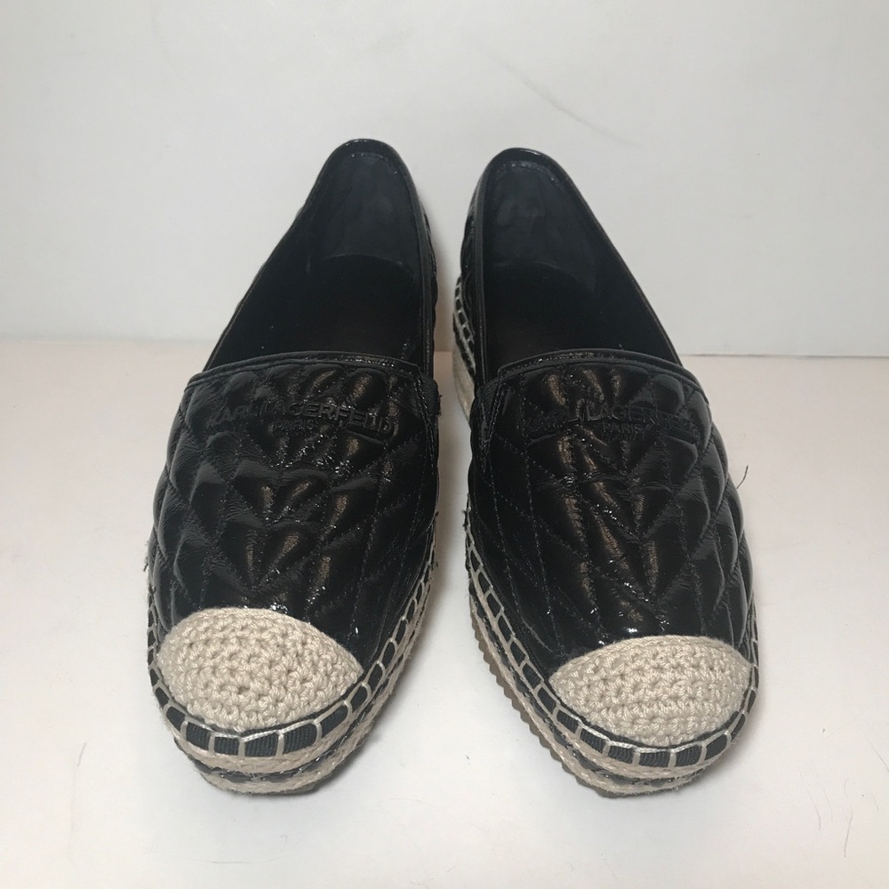 Karl Lagerfeld Quilted Patent Leather Espadrille Wedge Slip Ons Black 8 READ - Picture 2 of 9